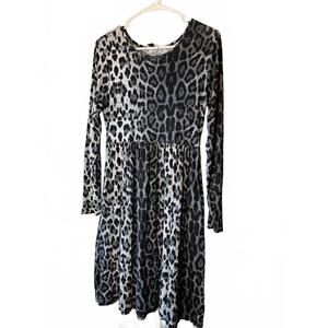 Gray & Black Animal Print Longsleeve Dress, Pleated Skirt, Size Large
